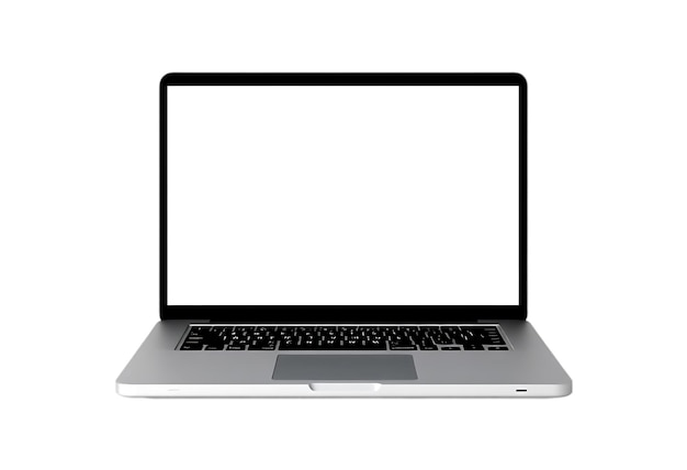 A front view of a silver laptop computer with a blank white screen Mockup