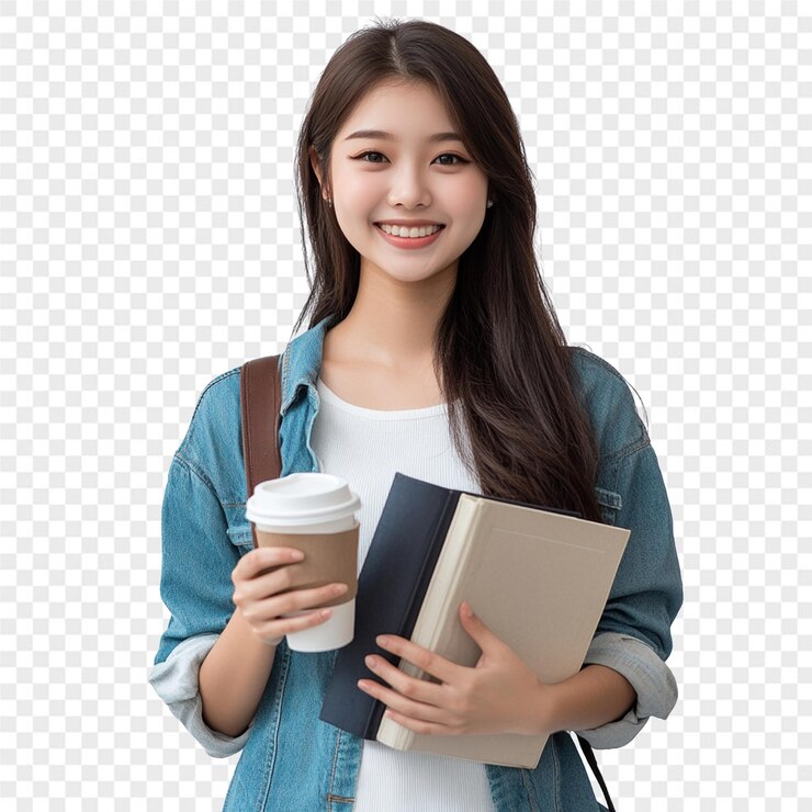 PSD a girl holding a cup of coffee and a book with a book in her hand