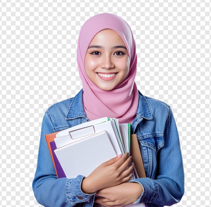PSD a girl holding a stack of books with a background of a picture of a girl with a pink scarf