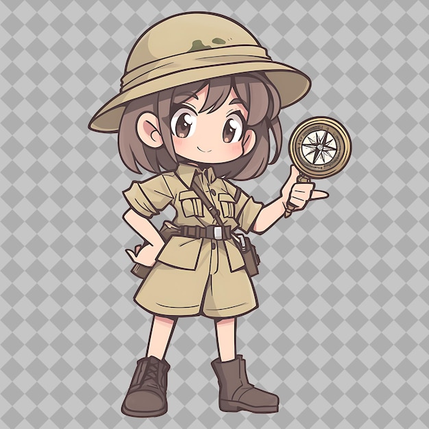 a girl in an army uniform with a button on her left hand