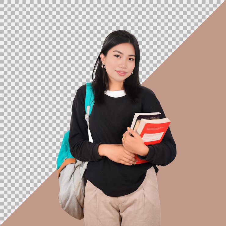 PSD a girl with a book on her back is holding a book