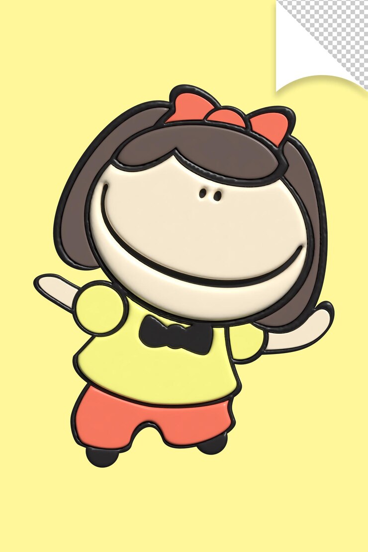 PSD a girl with a bow on her head is wearing a yellow shirt and red pants.