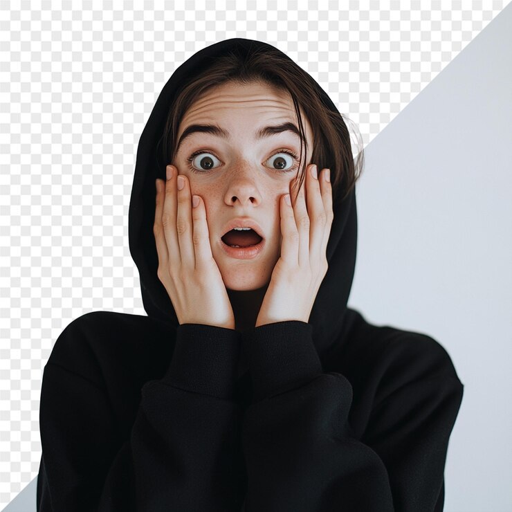 PSD a girl with a surprised face is looking up with her mouth open