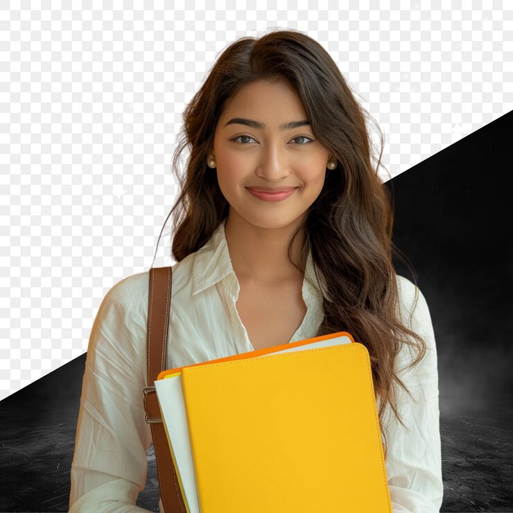 PSD a girl with a yellow folder that says  she is holding a yellow folder