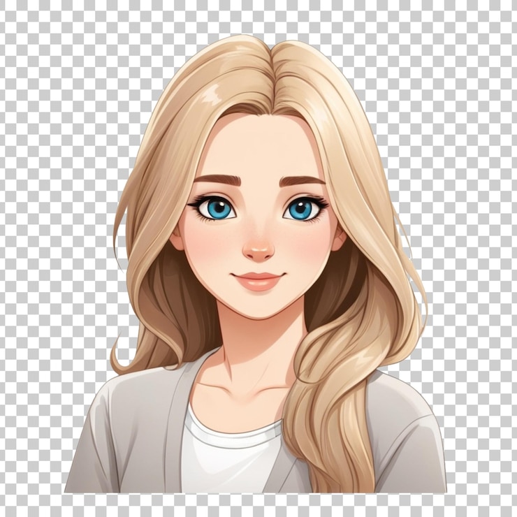 PSD a girl with brown hair and a blue shirt on a white background