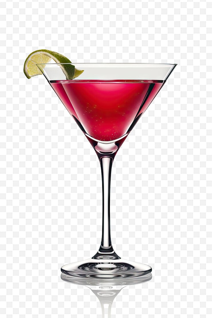 a glass of red cocktail with a slice of lime on it