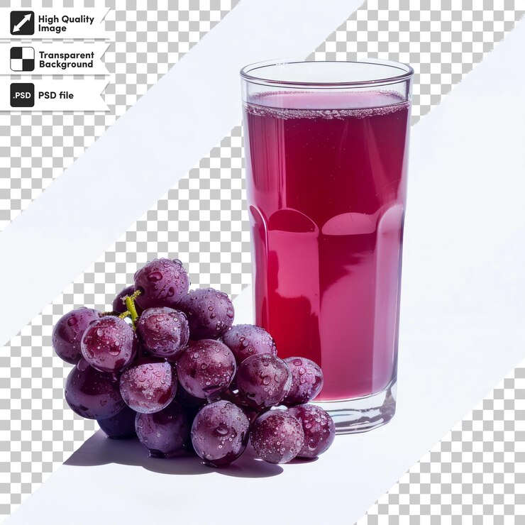 PSD a glass of red liquid next to a bunch of grapes