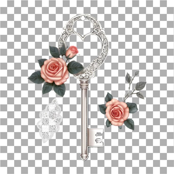 PSD a gold key with a pink rose and a flower on it