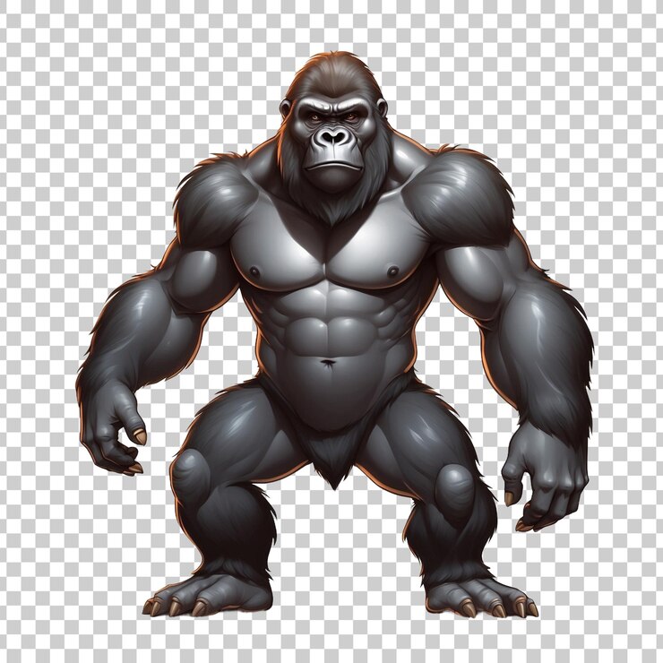 PSD a gorilla in an orange shorts stands in front of a grid that says gorilla