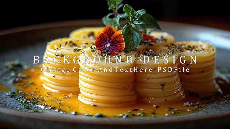 PSD a gourmet dish featuring layered pasta garnished with herbs and