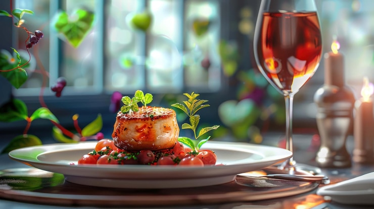 PSD a gourmet meal of seared scallops roasted cherry tomatoes and a glass of red wine