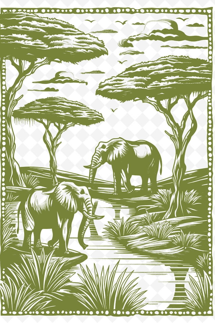 PSD a green and white picture of elephants in a forest with trees and grass