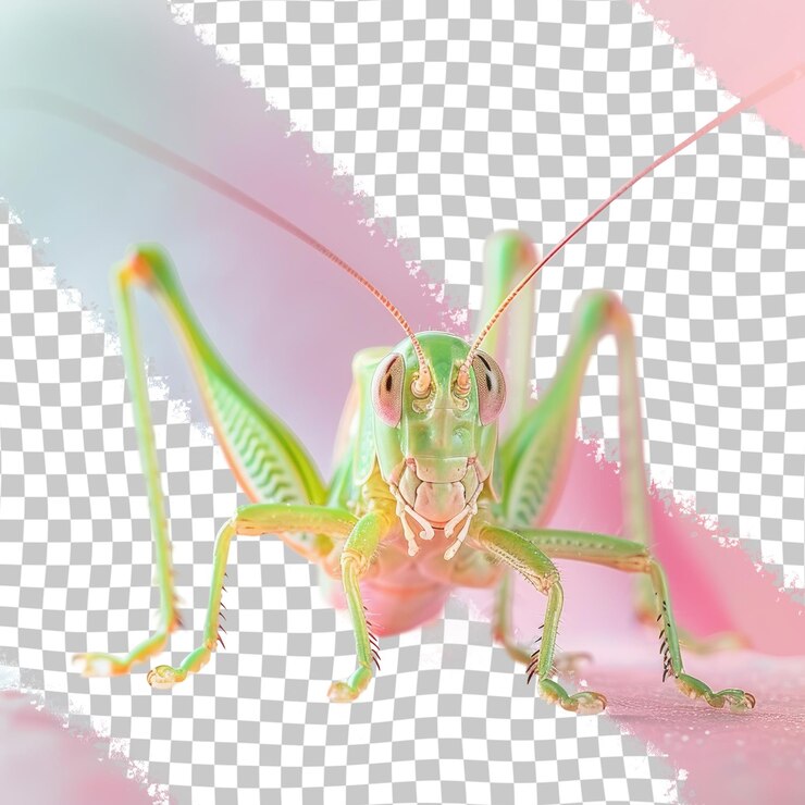 PSD a green and yellow grasshopper with a pink and white background