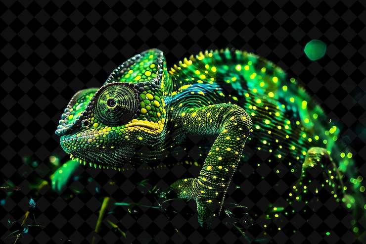 PSD a green chameleon with yellow lights on its head