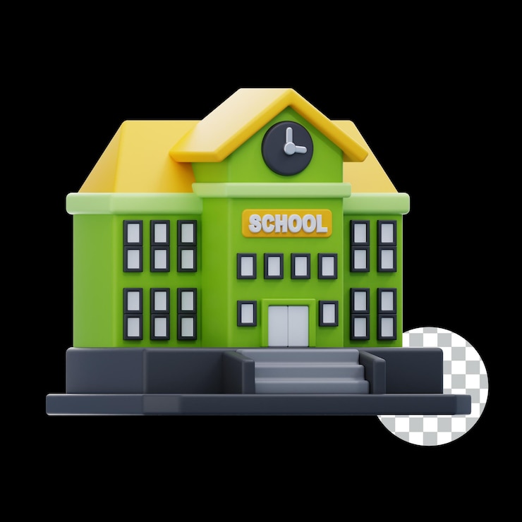 PSD a green school building with a yellow roof and the word school on the front