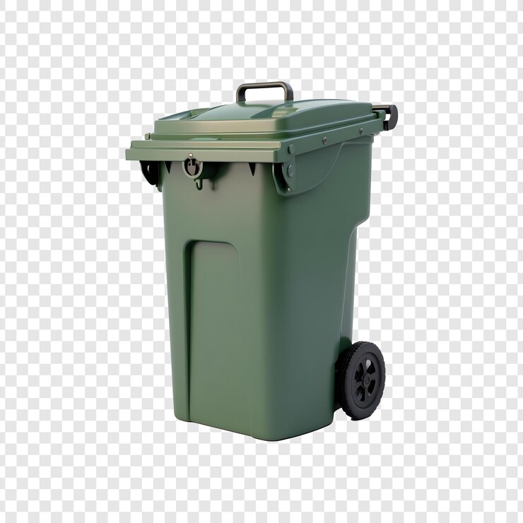 PSD a green trash can with wheels and wheels on a white background
