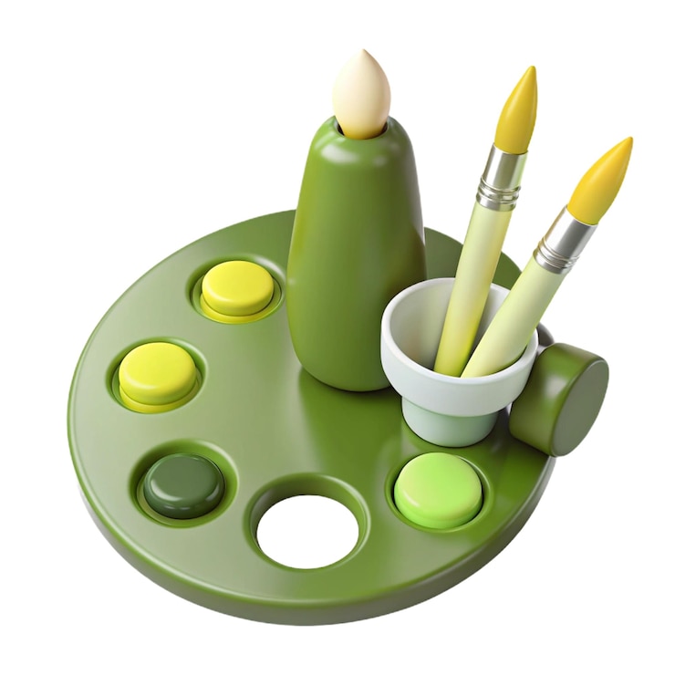 PSD a green tray with four pencils and a cup of paint