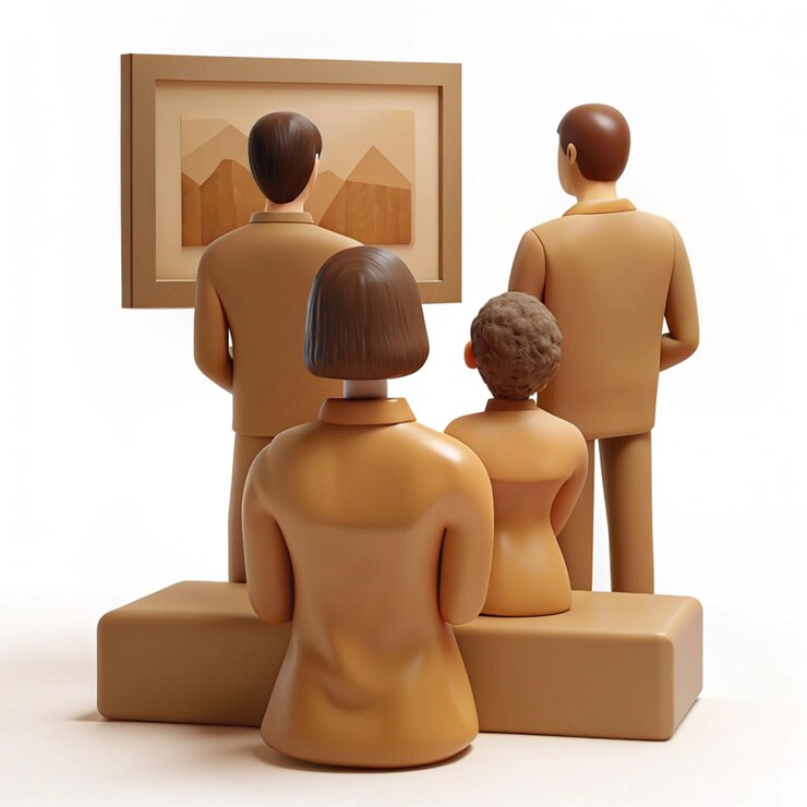 PSD a group of people looking at a painting with a picture of a man and a woman looking at a picture of