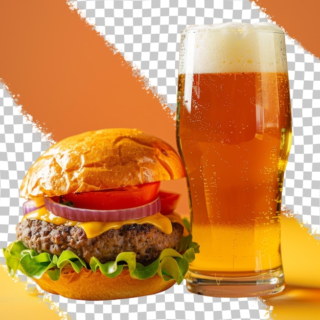 PSD a hamburger and a glass of beer with a hamburger on the top