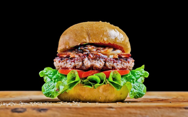 a hamburger is on a cutting board with a salad on it