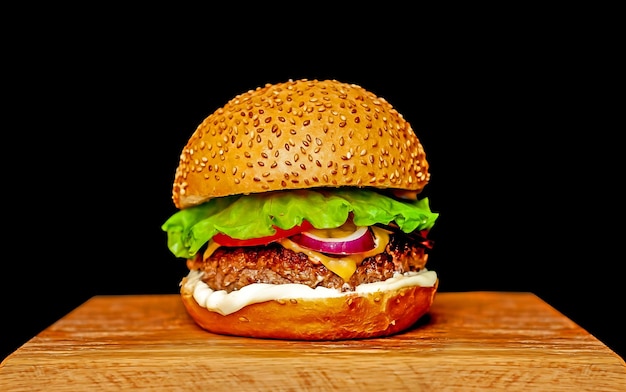 a hamburger with lettuce and cheese on a wooden table