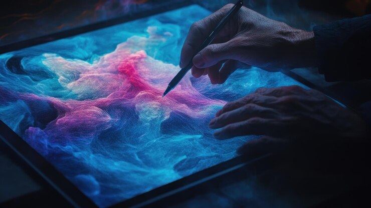 PSD a hand creating digital art on a glowing screen