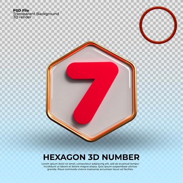 A hexagon 3d number 7 with a red hexagon number