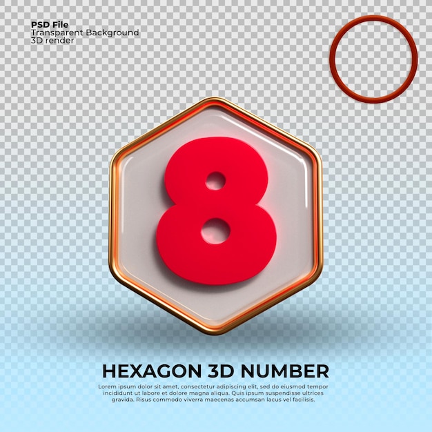 A hexagon 3d number 8 with a red hexagon number