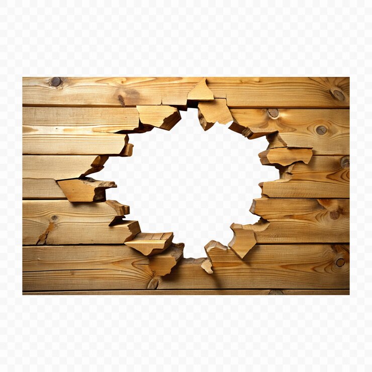 PSD a hole in a wooden wall that has been cut into pieces