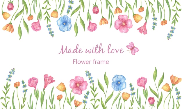 A horizontal frame of bright summer flowers yellow blue pink violets made in watercolor