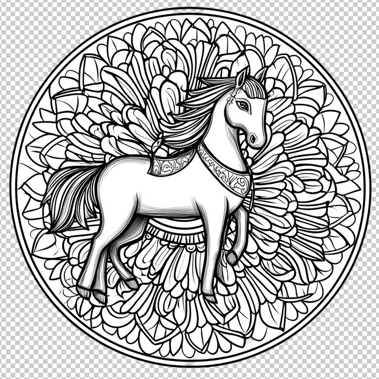 PSD a horse drawn in black and white with a flower design on it