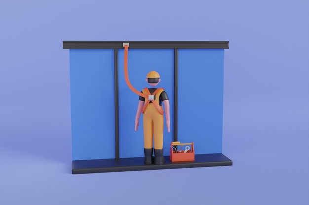 A ilustração 3d de um trabalhador industrial com arnês de segurança está trabalhando em altura regras para trabalhar
