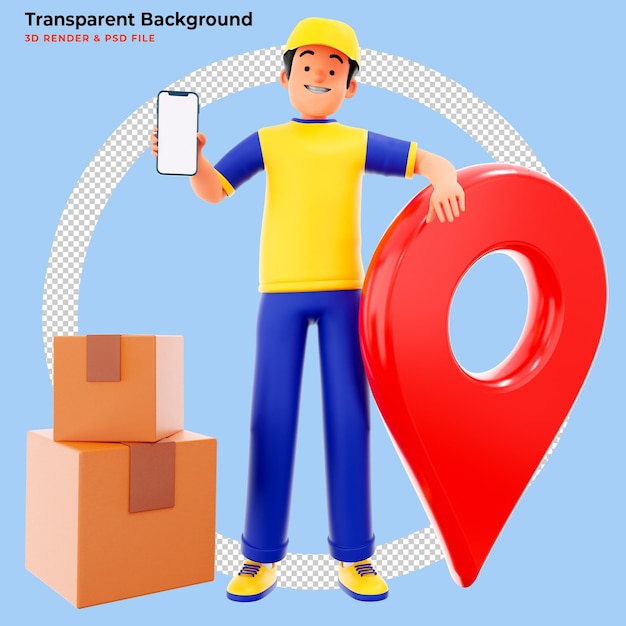 A ilustração 3d renderiza o entregador enviar o pacote em casa mostrando o telefone simulado isolado inclinado no ícone de localização