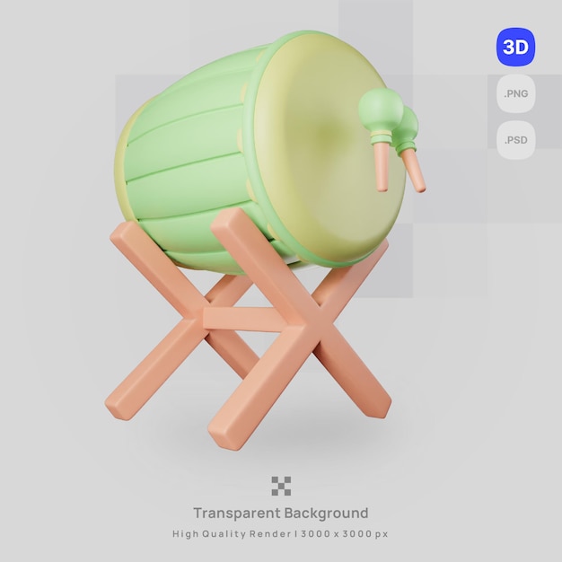 PSD a ilustração do ícone 3d renderiza o tambor verde com fundo transparente