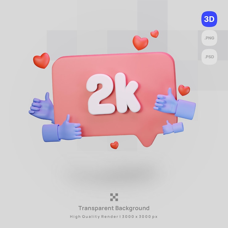PSD a ilustração do ícone 3d renderiza um coração vermelho e as palavras 2k com fundo transparente