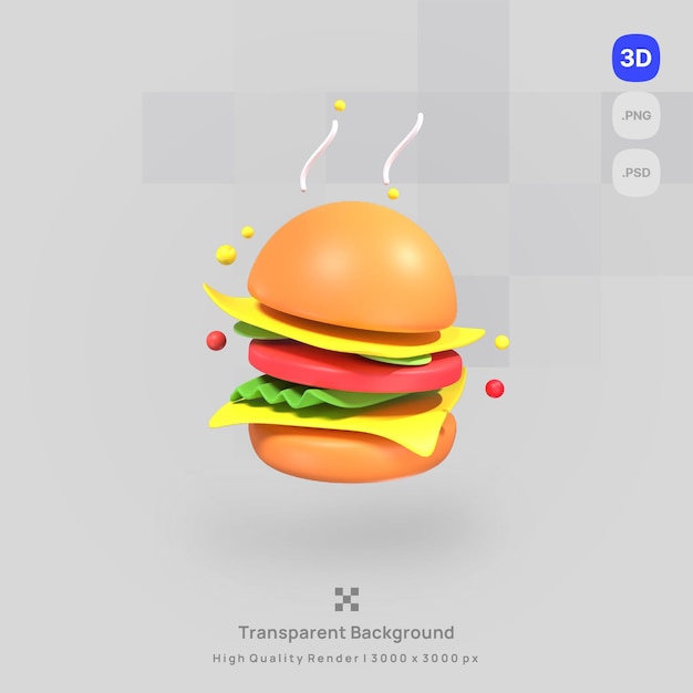 A ilustração do ícone 3D renderiza um hambúrguer com fundo transparente