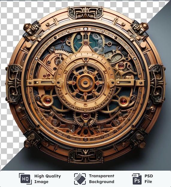 PSD a imagem apresenta uma coleção de objetos temáticos steampunk, incluindo um relógio, um crânio e vários outros itens dispostos em uma fila da esquerda para a direita.