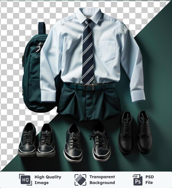 PSD a imagem apresenta uma coleção de roupas e acessórios masculinos, incluindo sapatos pretos, um cinto preto, uma gravata preta e listrada e uma camisa branca dispostos contra uma parede verde.