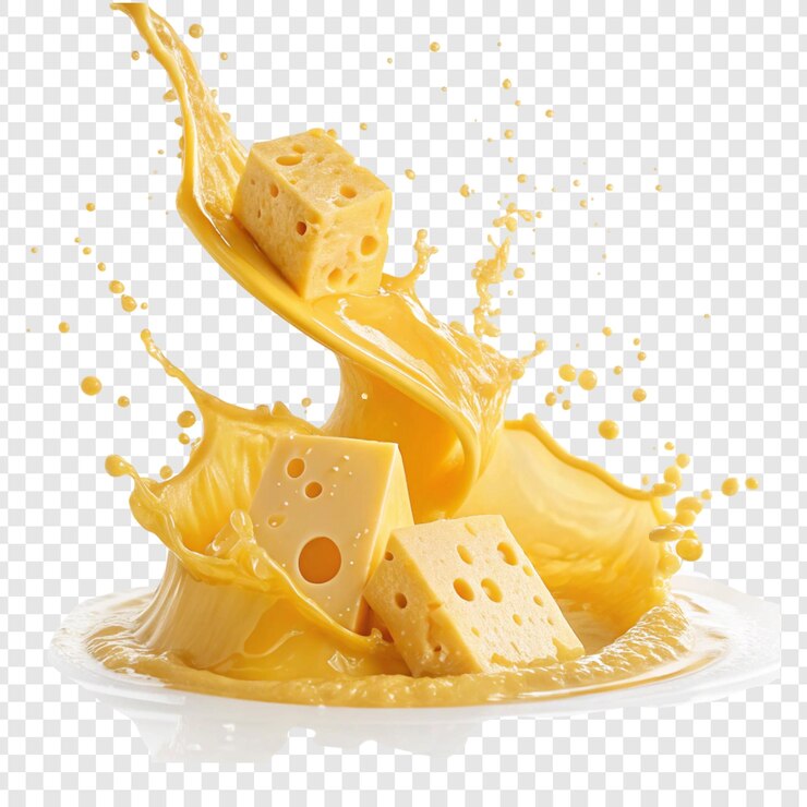 A jug of milk with cheese and some cubes