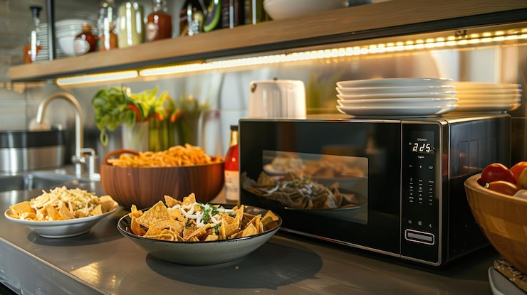 PSD a kitchen counter with a microwave a bowl of chips and a bowl of fruit