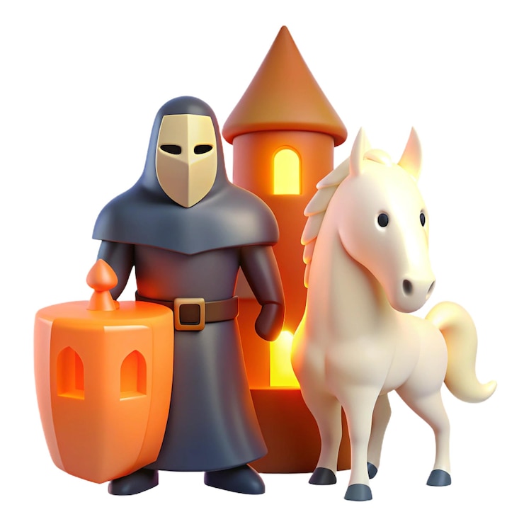 PSD a knight and a horse are standing next to a castle