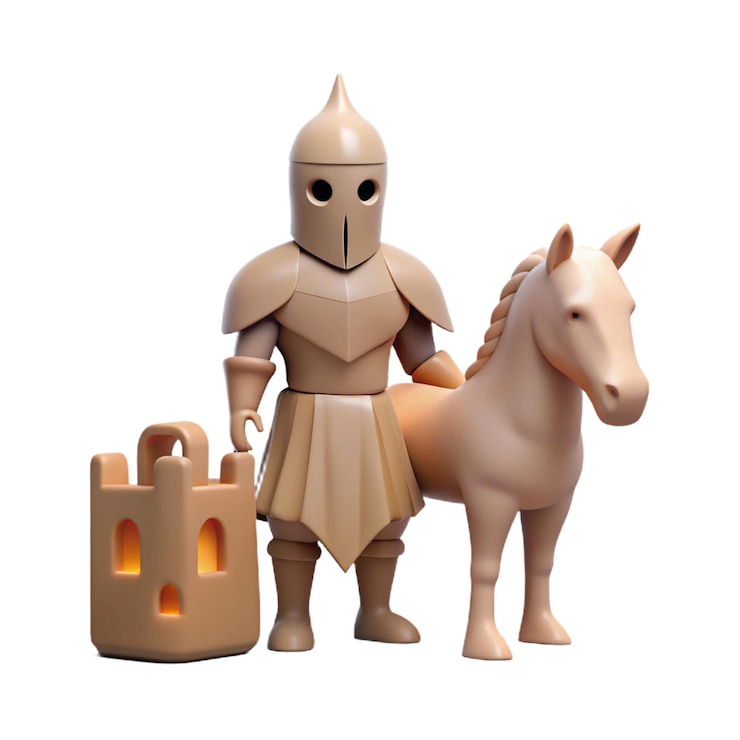 PSD a knight with a helmet and a horse standing next to a bag of luggage