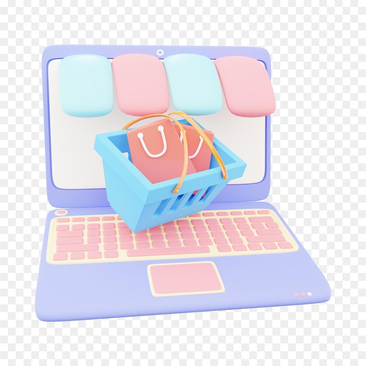 PSD a laptop with a basket of shopping bags on the top of it, hd png download