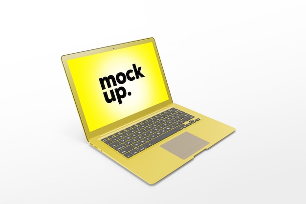 A laptop with a yellow screen that says mock up.