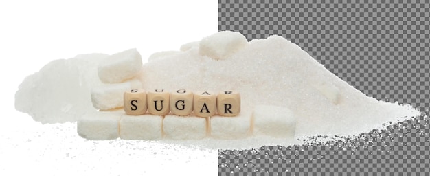 A letra do alfabeto do açúcar palavra contas em pilha de açúcar refinado conceito de diabetes para reduzir doce comida bebida letra de açúcar palavra em adoçante tipo fundo branco isolado