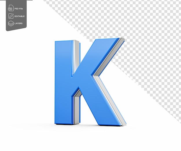 A letra grande azul K brilha com seu design moderno elegante fonte ousada com bordas afiadas ilustração 3D