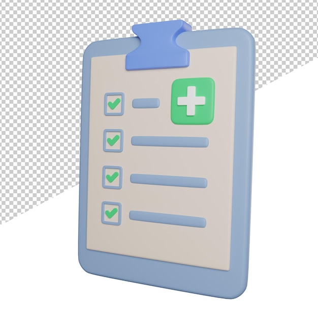 PSD a lista de verificação médica verifica a vista lateral do ícone de ilustração de renderização 3d fundo transparente