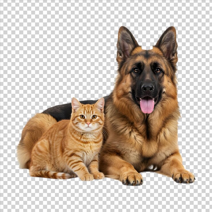 A loyal german shepherd and a cute ginger cat lying together