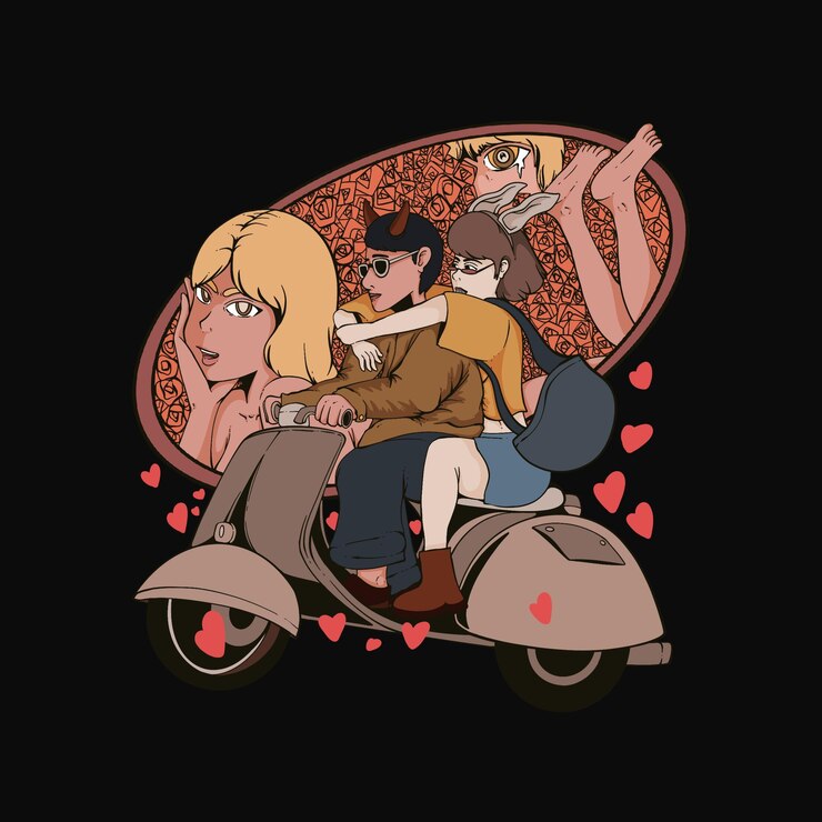 PSD a man and a woman on a scooter with a woman and a cat on the back