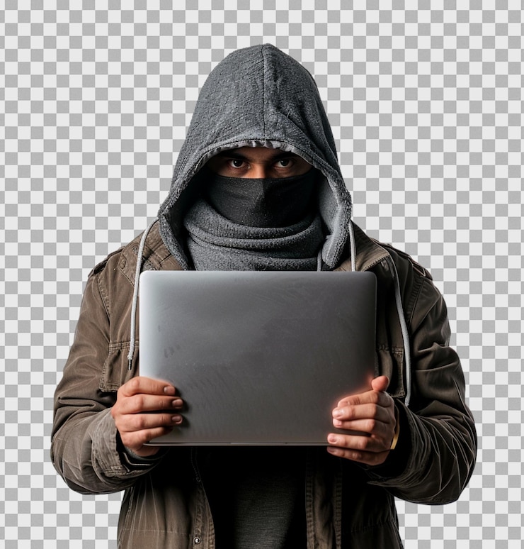PSD a man holding a laptop on isolated transparent background